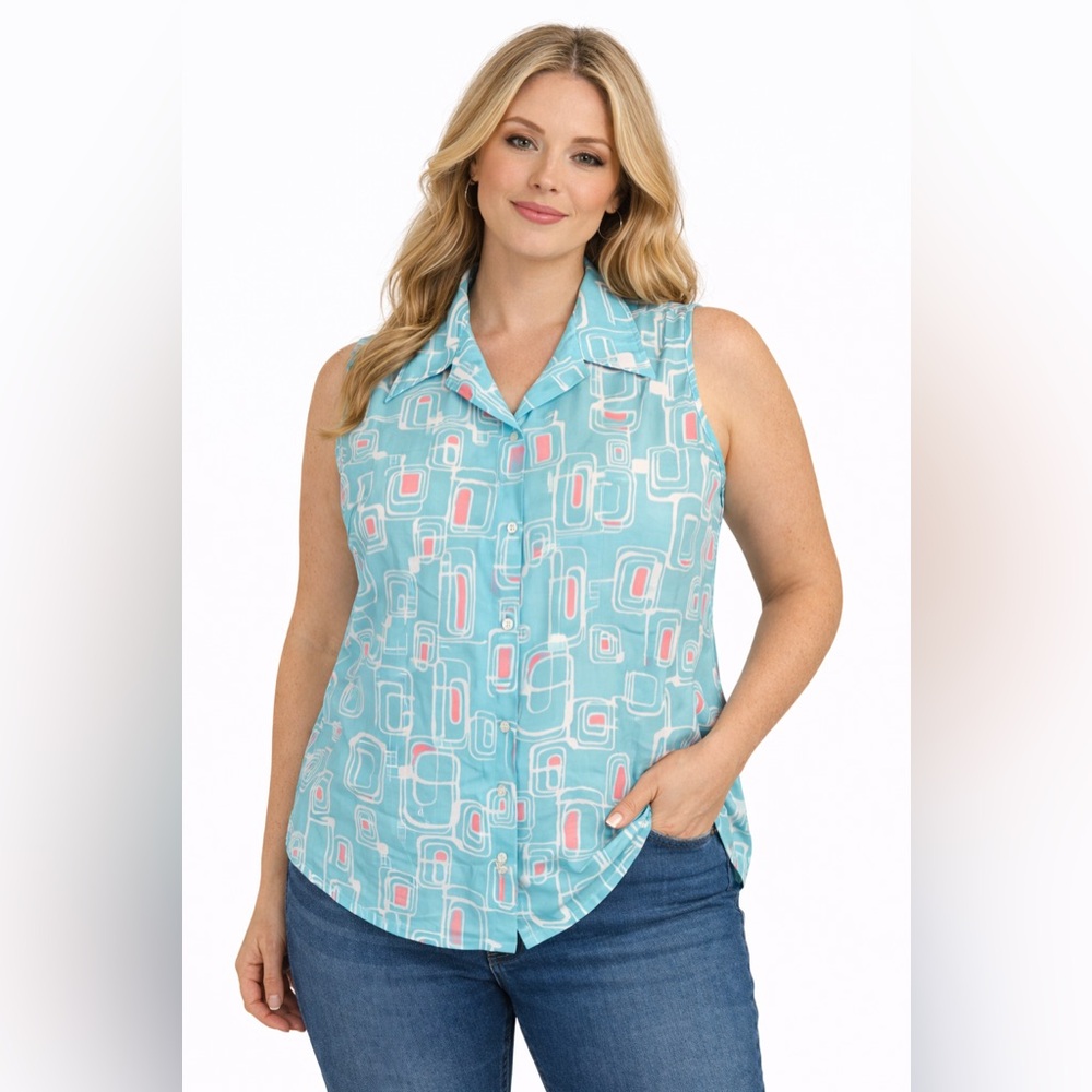 Vintage 60s Kmart Atomic Print Sleeveless Blouse Blue Mod Housewife Top